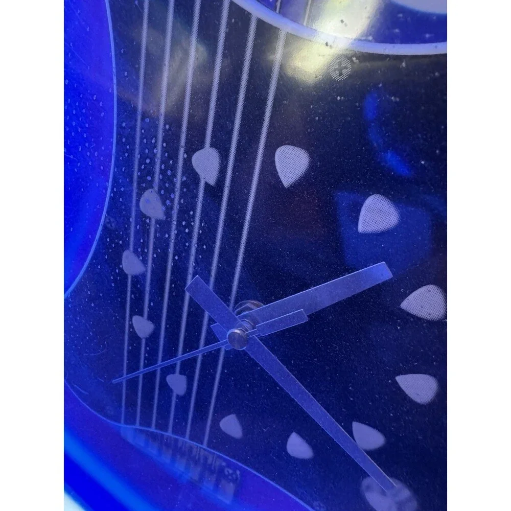 1990 Vintage Stratocaster Blue Neon Light Guitar Wall Clock 29 In & Adapter